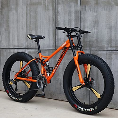 Fat Tyre Mountain Bike : 26'' Mountain Bikes, 27 Speed Adult Fat Tire Beach Snow Bicycle, Lightweight High-Carbon Steel Frame, Student Outdoor Camping Double Shock-Absorbing All Terrain Sand orange-21 speed