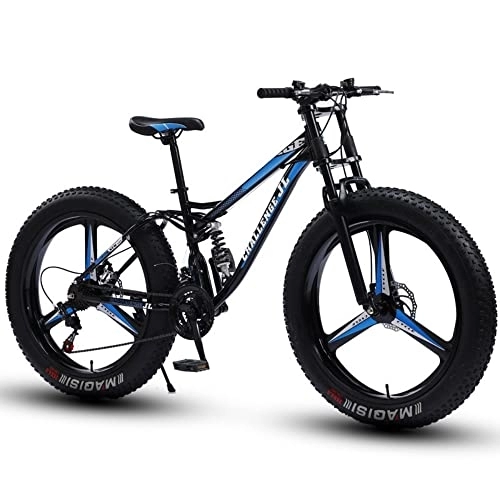 Fat Tyre Mountain Bike : 26" Mountain Bikes, Adult Fat Tire Mountain Trail Bike, Snow Bike Road Bike, 21 Speed Bicycle, High-carbon Steel Frame Dual Full Suspension Dual Disc Brake (Black Blue1)