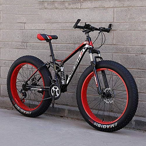 Fat Tyre Mountain Bike : Abrahmliy 26 Inch Fat Tire Adult Mountain Bike Double Disc Brake / High-Carbon Steel Frame Cruiser Bikes Beach Snowmobile Bicycle Double shock-Red_27 speed 26 inches