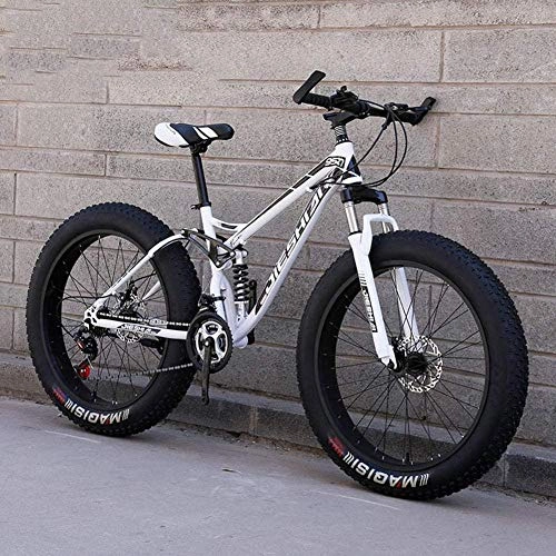Fat Tyre Mountain Bike : Abrahmliy 26 Inch Fat Tire Adult Mountain Bike Double Disc Brake / High-Carbon Steel Frame Cruiser Bikes Beach Snowmobile Bicycle Double shock-White_24speed 26 inches