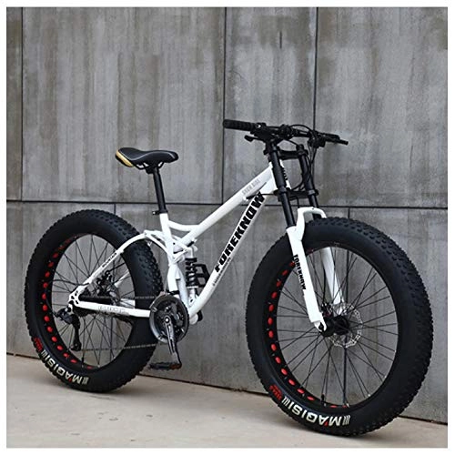 Fat Tyre Mountain Bike : ACDRX Beach Mountain Bikes 26 Inch, Fat Tire Bike High Carbon Steel, Sport Bike Dual-Suspension Double Disc Brake, Bicycle Lightweight21 Speeds, White