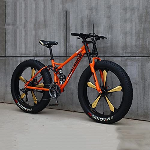 Fat Tyre Mountain Bike : Adult Fat Tire Mountain Bike, 26-Inch Wheels, 4-Inch Wide Knobby Tires, 21 / 24 / 27-Speed, Steel Frame, Full Suspension Fork Dual Disc Brakes MTB, Multiple Colors, B, 24