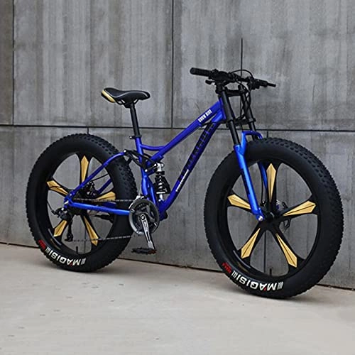 Fat Tyre Mountain Bike : Adult Fat Tire Mountain Bike, 26-Inch Wheels, 4-Inch Wide Knobby Tires, 21 / 24 / 27-Speed, Steel Frame, Full Suspension Fork Dual Disc Brakes MTB, Multiple Colors, E, 24