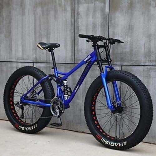 Fat Tyre Mountain Bike : Adult Mountain Bikes, 24 Inch Fat Tire Hardtail Mountain Bike, Dual Suspension Frame and Suspension Fork All Terrain Mountain Bike (Color : Blue, Size : 7 Speed)