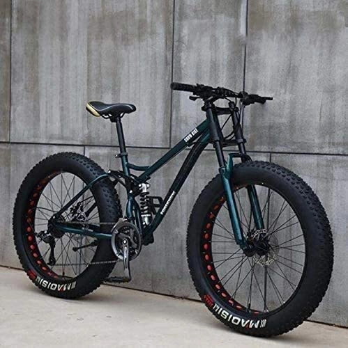 Fat Tyre Mountain Bike : Adult Mountain Bikes, 24 Inch Fat Tire Hardtail Mountain Bike, Dual Suspension Frame and Suspension Fork All Terrain Mountain Bike (Color : Green, Size : 7 Speed)