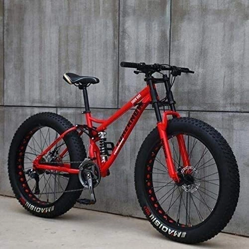 Fat Tyre Mountain Bike : Adult Mountain Bikes, 24 Inch Fat Tire Hardtail Mountain Bike, Dual Suspension Frame and Suspension Fork All Terrain Mountain Bike (Color : Red, Size : 7 Speed)