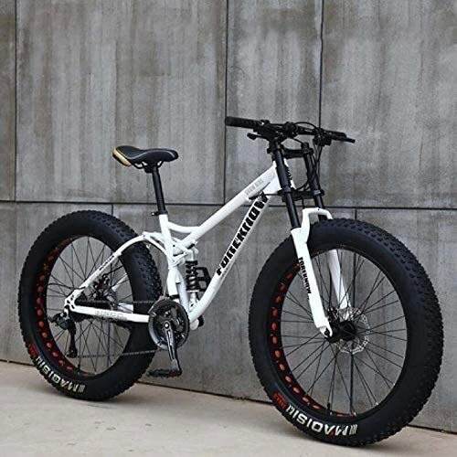 Fat Tyre Mountain Bike : Adult Mountain Bikes, 24 Inch Fat Tire Hardtail Mountain Bike, Dual Suspension Frame and Suspension Fork All Terrain Mountain Bike (Color : White, Size : 7 Speed)