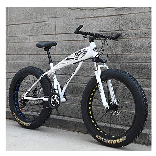 Fat Tyre Mountain Bike : Adult Mountain Bikes, Boys Girls Fat Tire Mountain Trail Bike, Dual Disc Brake Hardtail Mountain Bike, High-Carbon Steel Frame, Bicycle, Blue E, 26 inch 21 Speed, White C, 24 Inch 24 Speed
