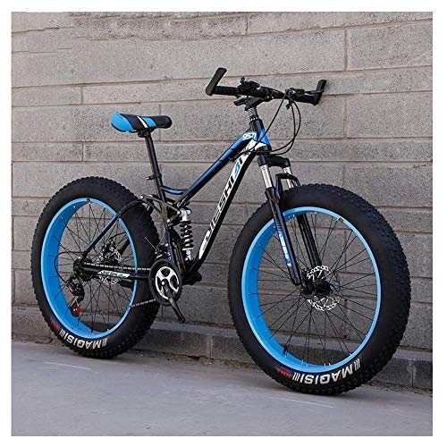 Fat Tyre Mountain Bike : Adult Mountain Bikes, Fat Tire Dual Disc Brake Hardtail Mountain Bike, Big Wheels Bicycle, High-carbon Steel Frame, Blue, 24 Inch 24 Speed