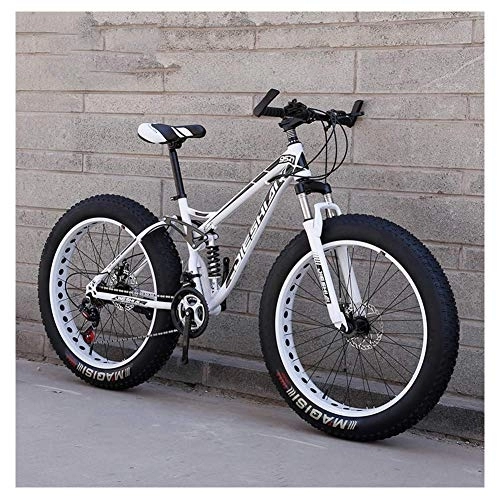 Fat Tyre Mountain Bike : Adult Mountain Bikes, Fat Tire Dual Disc Brake Hardtail Mountain Bike, Big Wheels Bicycle, High-carbon Steel Frame, New White, 24 Inch 21 Speed