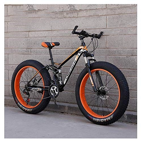 Fat Tyre Mountain Bike : Adult Mountain Bikes, Fat Tire Dual Disc Brake Hardtail Mountain Bike, Big Wheels Bicycle, High-carbon Steel Frame, Orange, 26 Inch 21 Speed