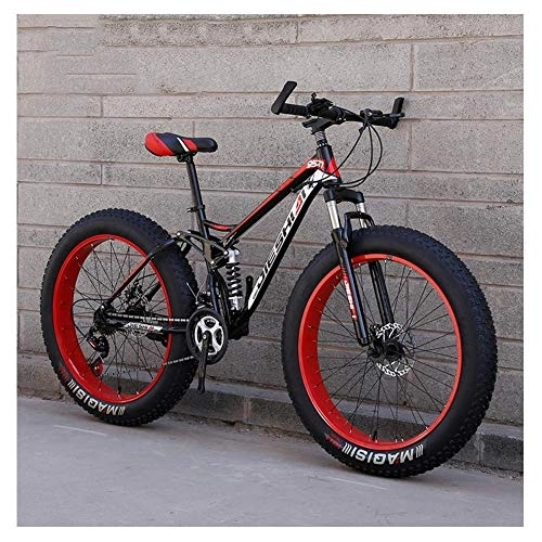 Fat Tyre Mountain Bike : Adult Mountain Bikes, Fat Tire Dual Disc Brake Hardtail Mountain Bike, Big Wheels Bicycle, High-carbon Steel Frame, Red, 24 Inch 24 Speed