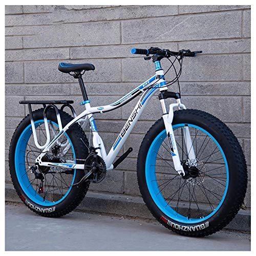 Fat Tyre Mountain Bike : Adult Mountain Bikes, Fat Tire Dual-Suspension Mountain Bicycle, High-carbon Steel Frame, All Terrain Mountain Bike, 26", 21Speed, white blue