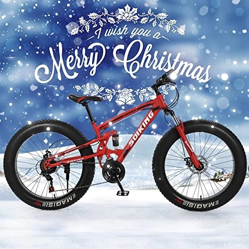 Fat Tyre Mountain Bike : Adults Fat Tire Mountain Bike for Men High-Carbon Steel Mountain Bike Outdoor Exercise Road Bikes with 21 Speed Dual Disc Brakes Full Suspension 22 Inch Bikes Girls Age 9-12 (Red, 581)