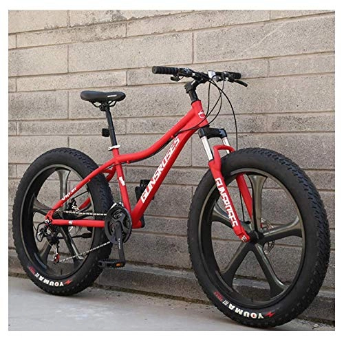 Fat Tyre Mountain Bike : Adults Mountain Bicycle 26 Inch Fat Tire Hardtail Mountain Trail Bikes with Front Suspension for Men / Women, Mechanical Dual Disc Brakes & Adjustable Seat, 5 Spoke Red, 7 Speed