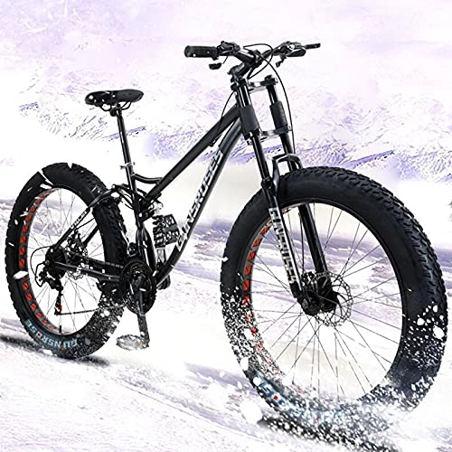 Fat Tyre Mountain Bike : AEF Fat Tire Mountain Bike with Full Suspension, Road Beach Snow Bike 24 / 26 Inch, 7 Speed High Carbon Steel Mountain Trail Bicycle, Dual Disc Brakes, Black, 24