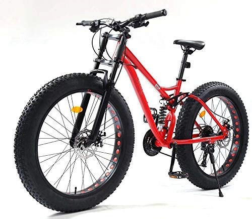 Fat Tyre Mountain Bike : ALQN 26 inch Mountain Bikes, Fat Tire MBT Bike Bicycle Soft Tail, Full Suspension Mountain Bike, High-Carbon Steel Frame, Dual Disc Brake, Red, 21 Speed