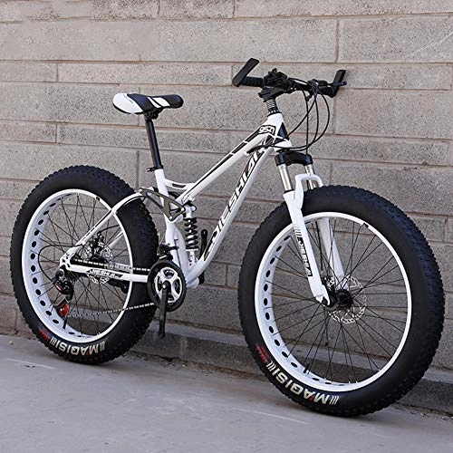 Fat Tyre Mountain Bike : AP.DISHU 24Inch Snow / Beach / Mountain Bikes Fat Tire Dual Disc Brake Big Wheels Bicycle High-Carbon Steel Frame, White Gray, 21 Speed