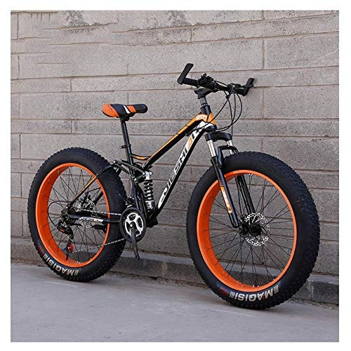 Fat Tyre Mountain Bike : AZYQ Adult Mountain Bikes, Fat Tire Dual Disc Brake Hardtail Mountain Bike, Big Wheels Bicycle, High-Carbon Steel Frame, New Blue, 26 inch 27 Speed, Orange, 24 Inch 21 Speed