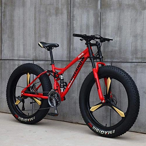 Fat Tyre Mountain Bike : CDFC Fat Tire MTB 26 inch mountain bike with disc brakes, frames from carbon steel, suitable for people over 175 Cm Large, 3 Spoken 7 speed, Red