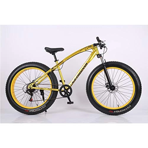 Fat Tyre Mountain Bike : Collapsible Off-Road Beach Snowmobile Variable Speed Mountain Bike, Fat Bike 26 Inch 27 Speed, Steel Frame Soft Seat, Gold