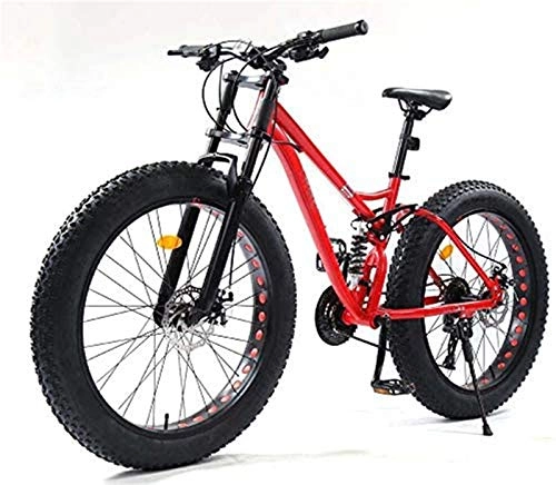 Fat Tyre Mountain Bike : Commuter City Road Bike 26 Inch Mountain Bikes, Fat Tire MBT Bike Bicycle Soft Tail, Full Suspension Mountain Bike, High-Carbon Steel Frame, Dual Disc Brake Unisex ( Color : Red , Size : 24 speed )
