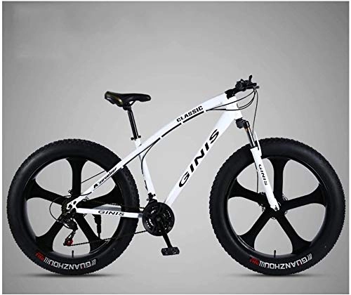 Fat Tyre Mountain Bike : Ding 26 Inch Mountain Bicycle, High-carbon Steel Frame Fat Tire Mountain Trail Bike, Men's Womens Hardtail Mountain Bike with Dual Disc Brake (Color : White, Size : 27 Speed 5 Spoke)