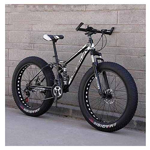 Fat Tyre Mountain Bike : FANG Adult Mountain Bikes, Fat Tire Dual Disc Brake Hardtail Mountain Bike, Big Wheels Bicycle, High-carbon Steel Frame, New Black, 26 Inch 24 Speed