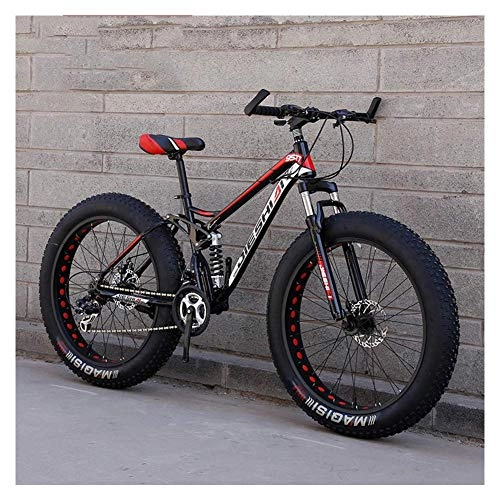 Fat Tyre Mountain Bike : FANG Adult Mountain Bikes, Fat Tire Dual Disc Brake Hardtail Mountain Bike, Big Wheels Bicycle, High-carbon Steel Frame, New Red, 24 Inch 21 Speed