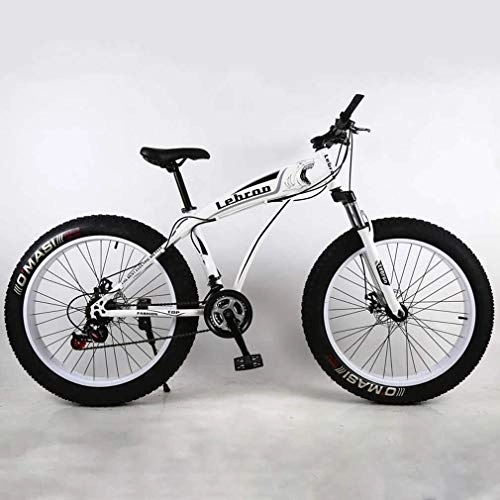 Fat Tyre Mountain Bike : Fat Tire Adult Mountain Bike, Lightweight High-Carbon Steel Frame Cruiser Bikes, Beach Snowmobile Mens Bicycle, Double Disc Brake 26 Inch Wheels (Color : White, Size : 21 speed)