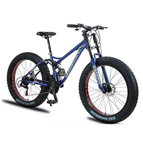 Fat Tyre Mountain Bike : Fat Tire Mountain Bike 7 Speed Shimano Derailleur, With High Carbon Steel Frame, Double Disc Brake and Front Suspension Anti-Slip Bikes With 26 Inch Wheels blue-Spoke Wheel