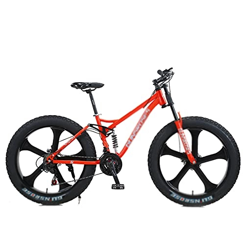 Fat Tyre Mountain Bike : Fat Tire Mountain Bike 7 Speed Shimano Derailleur, With High Carbon Steel Frame, Double Disc Brake and Front Suspension Anti-Slip Bikes With 26 Inch Wheels red-5 Spoke Wheel