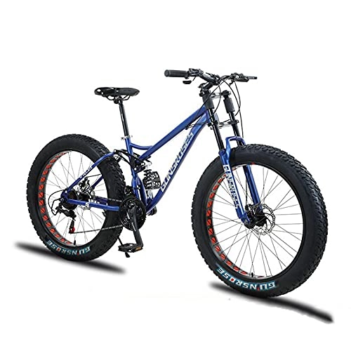 Fat Tyre Mountain Bike : Fat Tire Mountain Bike for Men, Dual-Suspension Adult Mountain Trail Bikes, 24 / 26 Inch Wheels, 7 Speed, 4 Inch Knobby Tire, All Terrain Bicycle with Adjustable Seat And Dual Disc Brake, Blue, 24