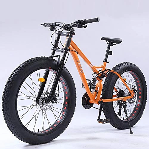 Fat Tyre Mountain Bike : Fat Tire Mountain Bikes Mens Womens High-Carbon Steel Frame Dual Disc Brake Unisex All Terrain Anti-Slip Bicycle 26 Inch Wheels, Orange, 27 Speed