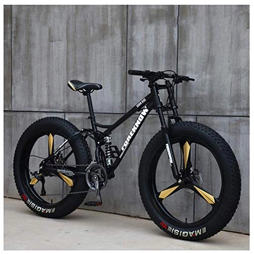 Fat Tyre Mountain Bike : FHKBK Fat Tire Hardtail Mountain Bike 26 Inch for Men and Women, Dual-Suspension Adult Mountain Trail Bikes, All Terrain Bicycle with Adjustable Seat & Dual Disc Brake, Black 3 Spokes, 7 Speed