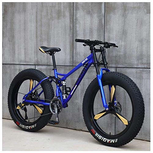 Fat Tyre Mountain Bike : FHKBK Fat Tire Hardtail Mountain Bike 26 Inch for Men and Women, Dual-Suspension Adult Mountain Trail Bikes, All Terrain Bicycle with Adjustable Seat & Dual Disc Brake, Blue 3 Spokes, 27 Speed