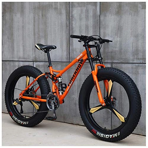 Fat Tyre Mountain Bike : FHKBK Fat Tire Hardtail Mountain Bike 26 Inch for Men and Women, Dual-Suspension Adult Mountain Trail Bikes, All Terrain Bicycle with Adjustable Seat & Dual Disc Brake, Orange 3 Spokes, 21 Speed