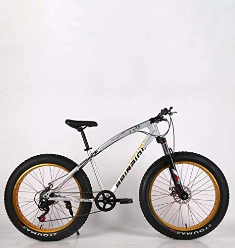 Fat Tyre Mountain Bike : GASLIKE 24 Inch Adult Fat Tire Mountain Bike, Double Disc Brake Snow Bicycle, High-Carbon Steel Frame Cruiser Bikes Mens, Aluminum Alloy Rims Wheels Beach Bicycles, Silver, 21 speed