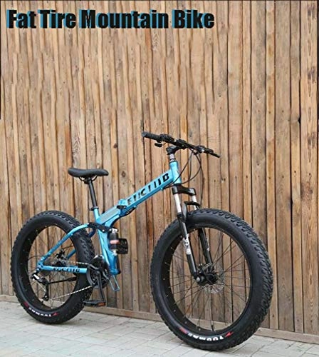 Fat Tyre Mountain Bike : GASLIKE Fat Tire Mens Folding Mountain Bike, 17-Inch Double Disc Brake / High-Carbon Steel Frame Bikes, 7-Speed, 24-26 inch Wheels, Off-Road Beach Snowmobile Bicycle, Blue, 24inch