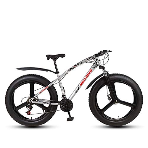 Fat Tyre Mountain Bike : GASLIKE Mens Adult Fat Tire Mountain Bike, Variable Speed Snow Bikes, Double Disc Brake Beach Cruiser Bicycle, 26 Inch Magnesium Alloy Integrated Wheels, Silver, 24 speed
