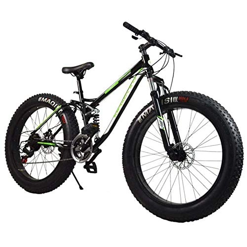 Fat Tyre Mountain Bike : GASLIKE Mountain Bike, 21Speed Fat Tire Hardtail Mountain Bicycle, Dual Suspension Frame And High Carbon Steel Frame, Double Disc Brake, 26 Inch Wheels, black green