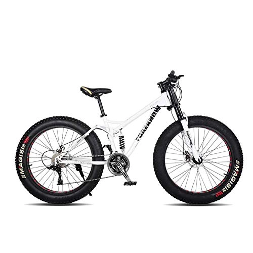 Fat Tyre Mountain Bike : Giow 24" 26" Mountain Bicycle, 24-Speed Mountain Bike with Disc Brake, Steel Frame, White, 24in