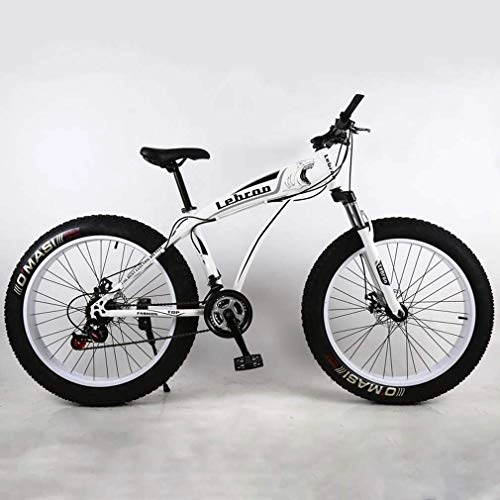 Fat Tyre Mountain Bike : GLJY Fat Tire Adult Mountain Bike, Lightweight High-Carbon Steel Frame Cruiser Bikes, Beach Snowmobile Mens Bicycle, Double Disc Brake 26 Inch Wheels, White, 21speed
