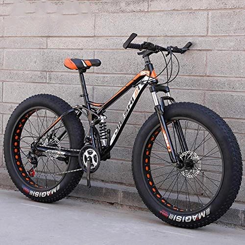 Fat Tyre Mountain Bike : GQQ Mountain Bike, 26 inch Snow / Beach / Mountain Bikes Fat Tire Dual Disc Brake Big Wheels Bicycle High-Carbon Steel Frame All Terrain Anti-Slip Bicycle, Orange, 24 Speed
