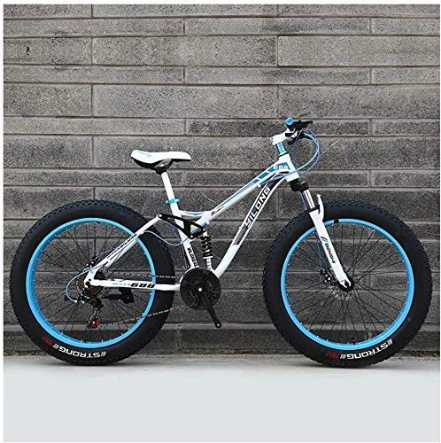 Fat Tyre Mountain Bike : GQQ Mountain Bike, Variable Speed Bicycle Frame Made of Carbon Steel Hardtail Bikes, Bike with Disc Brakes, Fats Bicycle Tires, Blue, 26 inch 24 Speed, White