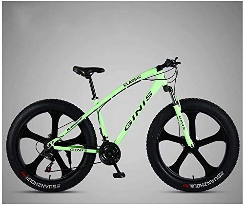 Fat Tyre Mountain Bike : H-ei 26 Inch Mountain Bicycle, High-carbon Steel Frame Fat Tire Mountain Trail Bike, Men's Womens Hardtail Mountain Bike with Dual Disc Brake (Color : Green, Size : 21 Speed 5 Spoke)