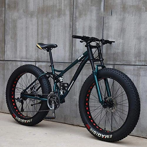 Fat Tyre Mountain Bike : HECHEN 24" Mountain Bikes, 7 / 21 / 24 / 27 Speed Bicycle, Adult Fat Tire Mountain Trail Bike, High-carbon Steel Frame Dual Full Suspension Dual Disc Brake, Green, 24in7 speed