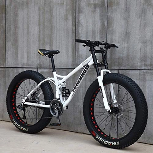 Fat Tyre Mountain Bike : HECHEN 26in Mountain Bikes, 7 / 21 / 24 / 27 Speed Variable Speed Bicycle, Adult Fat Tire Mountain Trail Bike, High-carbon Steel Frame Dual Full Suspension Dual Disc Brake, White, 26in7 speed