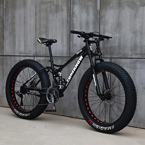 Fat Tyre Mountain Bike : High Carbon Steel Frame, Road Bicycle Racing For Men Women Adult, 26 Inch Mountain Bikes, Double Disc Brake, 7 Speed Bikes Black 26", 7-speed