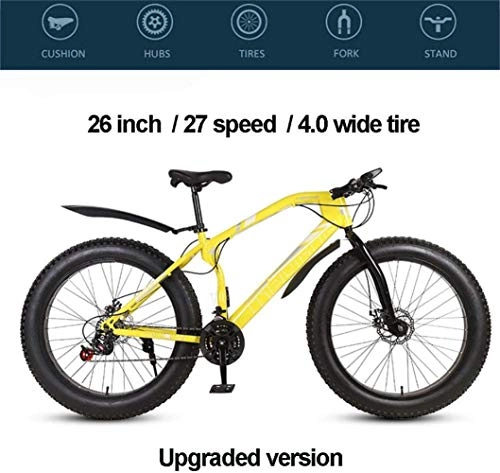 Fat Tyre Mountain Bike : High-carbon Steel Hardtail Mountain Bike, 26 Inch Fat Tire Mountain Bike with Mechanical Dual Disc Brake 27-Speed Shift, Bold Suspension Fork And Easy To Control, Yellow